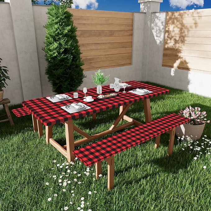 Smiry Picnic Table Cover with Bench Covers, Waterproof Elastic Fitted Tablecloths for 6 Foot Rectangle Tables, Washable Buffalo Plaid Tablecloth for Camping, Outdoor & Christmas (Black & Red, 30"x72")
