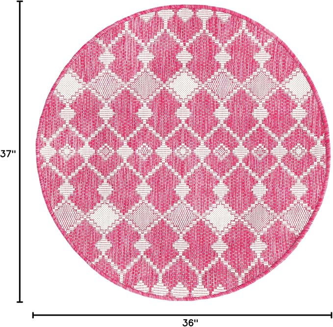 Unique Loom Outdoor Trellis Collection Area Rug - Traliccio (3' Round, Magenta/ Ivory)