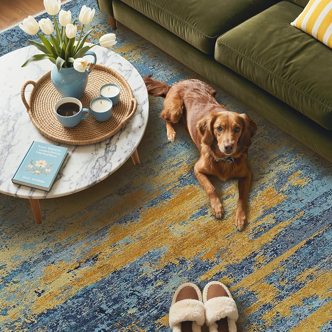 BEIMO 2x8 Non Slip Runner Rugs for Hallway, Wave Abstract Blue Orange | Soft Machine Washable Modern Runners,Streaks Pattern Indoor Marble Carpet for Kitchen Laundry Room Bedroom Bathroom