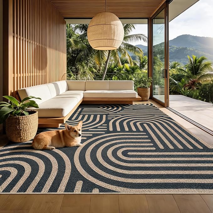 Garvee Large Area Rug 10x13 Rugs Modern Abstract Washable Rug | Black Rainbow Area Rug Stain Resistant Easy Cleaning Throw Rugs Low Pile Floor Cover for Nursery Dining Room Apartment