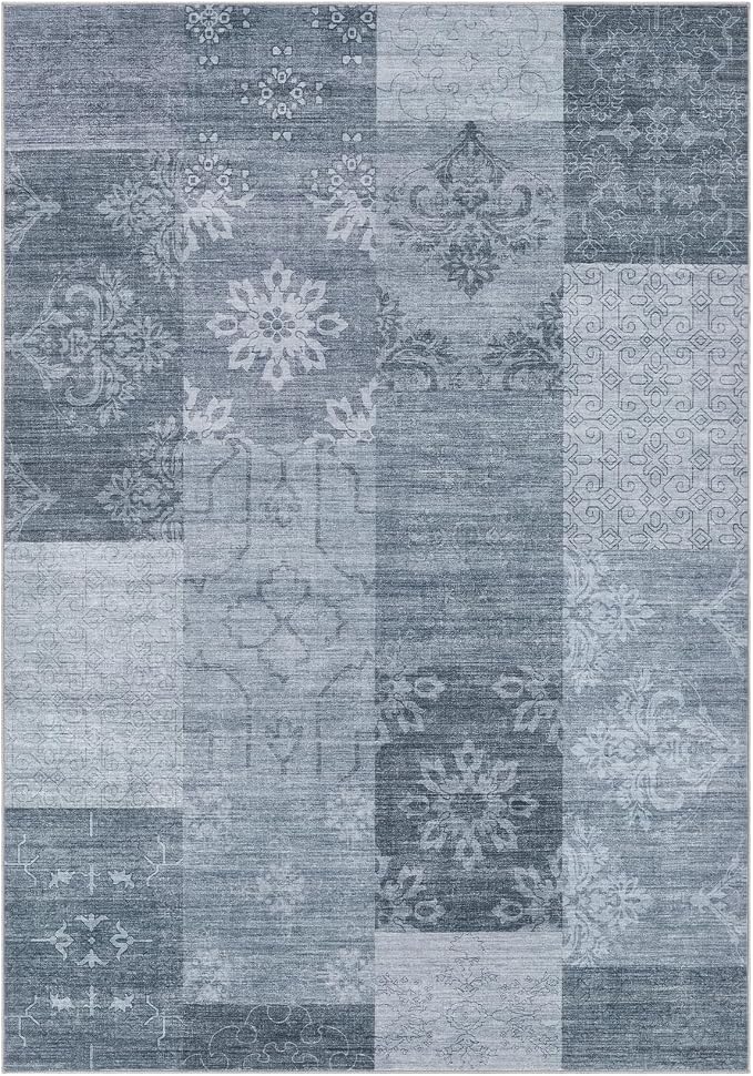 UERMEI 6x9 Area Rug for Living Room - Washable Vintage Carpet, Non-Slip Soft Large Indoor Floor Rugs for Bedroom Home Office & Under Dining Table Decor, Blue Block