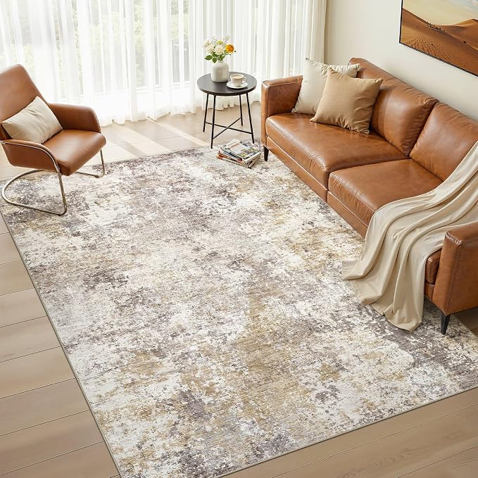 Nakagishi 7X9 Abstract Washable Area Rugs for Living Room-Golden Brown | Modern Non-Slip Silicone Backing Low Pile Soft Carpet for Bedroom Dining Decor for Families with Kids and Pets