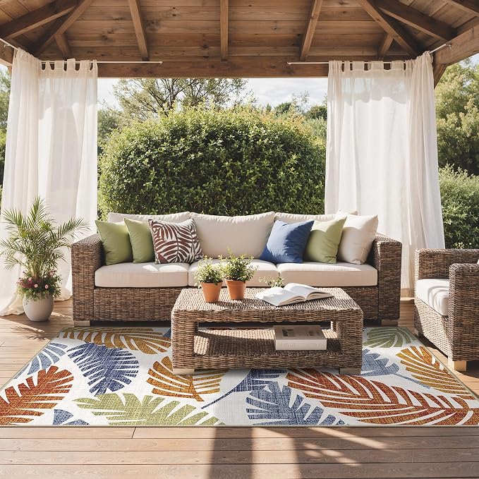 GENIMO Outdoor & Indoor Area Rug 6'x9', Waterproof, Non-Shedding, Easy Cleaning, Leaf Mat for Patio, Living Room, Balcony, Dining Room, RV, Deck, Bedroom, Camping, Outside Carpet, Rust Navy