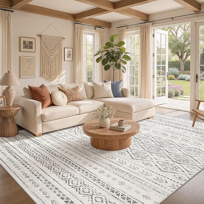 Nakagishi Area Rug Living Room Rugs: 10x12 Large Soft Machine Washable Boho Moroccan FarmNeutral Stain Resistant Indoor Floor Carpet for Bedroom Under Dining Table Home Office Decor-Grey