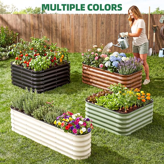 3 Pcs Raised Garden Beds Outdoor, 17" Tall 3-in-1 Modular 4x2ft Galvanized Metal Planter Box with Bracing Rods and Gloves for Vegetables Flowers Herbs, Grain