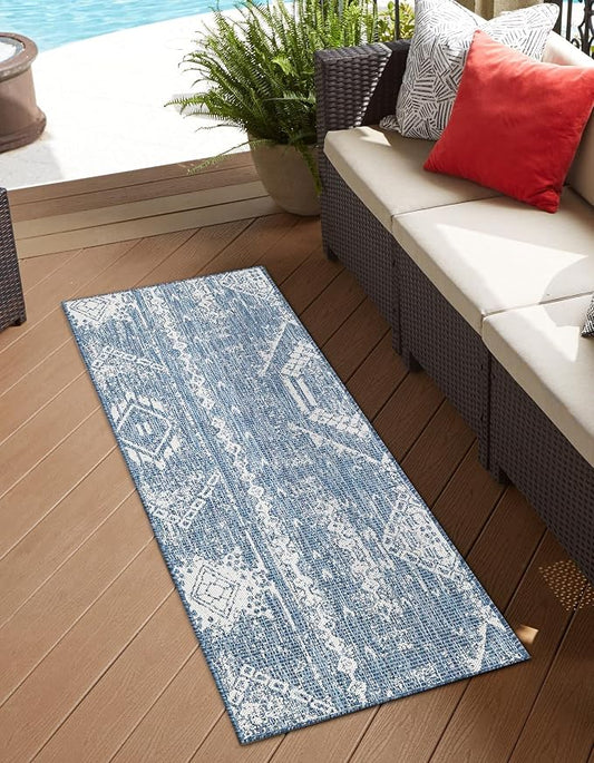 Unique Loom Outdoor Bohemian Collection Area Rug - Anthro (2' x 6' 1" Runner, Blue/ Ivory)