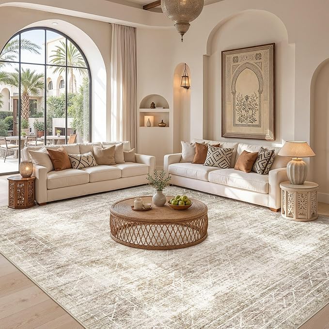 cotiled Boho 10x12 Area Rug for Living Room: Large Moroccan Washable Rug | Solve Modern Neutral Trendy Home Decor - Stain Resistan Carpet for Bedroom Farmhouse Beige Brown