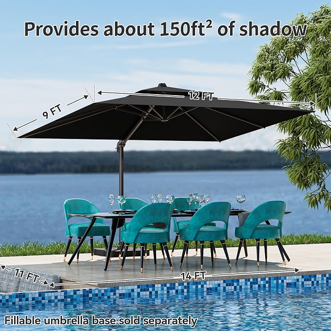 9x12FT Cantilever Patio Umbrella - Heavy Duty Double Layer Offset Design with 360° Rotation, Large Rectangle Sun Shade Umbrella for Garden, Deck, Pool, Backyard, Black