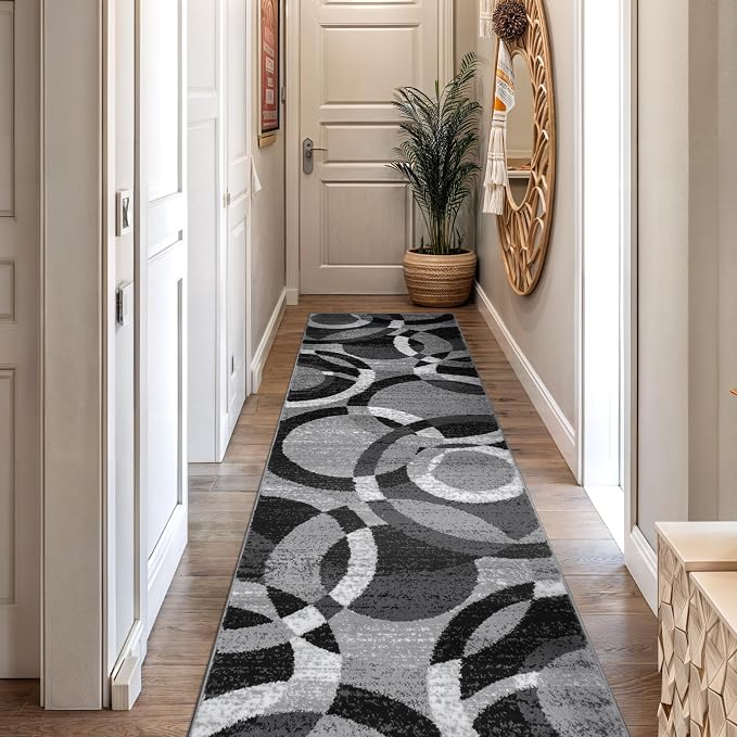 Rugshop Abstract Circles Contemporary Runner Rug Gray 2'7" x 12' | High Traffic, Rectangular, Size 2'7" x 12', Living Room, Bedroom, Dining Room, Home Office, Kitchen, Entryway, Hallway