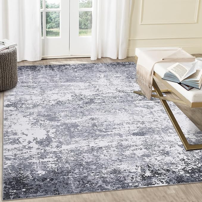 ROYHOME Area Rug 10x13 Modern Abstract Accent Faux Wool Rug, Light Grey | Low Pile Ultra Soft Stain Resistant Rug Non Slip Non Shedding Throw Rug Washable for Living Room Bedroom Home Decor