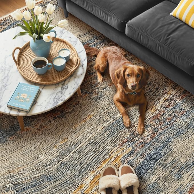 BEIMO 6x9 Washable Area Rug for Living Room, Wave Abstract Taupe Glod | Soft Machine Washable Modern Rug,Streaks Ocean Pattern Non Slip Indoor Marble Brown Carpet for Dining Bedroom Playroom Office