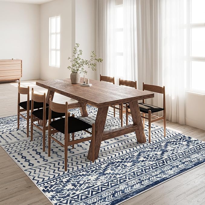 Art&Tuft 6x9 Area Rugs for Living Room, Large Washable Rug Non Slip, Blue | Low Pile, Soft & Lighweight, Folable, Stain Resistant Indoor Moroccan Carpet for Bedroom, Kitchen, Dining Room, Home Office
