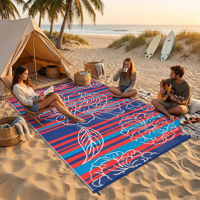 Garvee 5x8 Outdoor Waterproof Rug, Floral Outdoor Area Rug，Reversible Plastic Straw Patio Rug, Portable Camping Mat for RV, Picnic, Beach, Balcony, Garden & Camping Red&Navy
