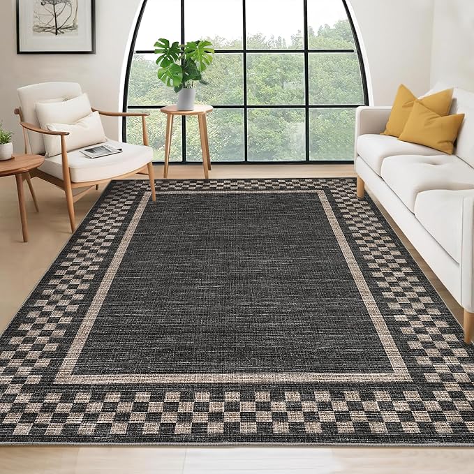 GarveeHome Washable Area Rug 6x9 Large Living Room Modern Border Throw Rug | with Rubber Backing Stain Resistant Dining Room Throw Carpet Washable Scalloped Rug for Bedroom Home Decor Office, Black