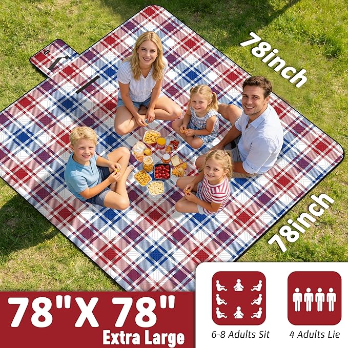 Doonly Picnic Blanket, Large Waterproof Sandproof Beach Blanket, Foldable Outdoor Blanket Picnic Mat for Beach, Camping, Park, Grass, Lawn, Travel, Patriotic Red White and Blue