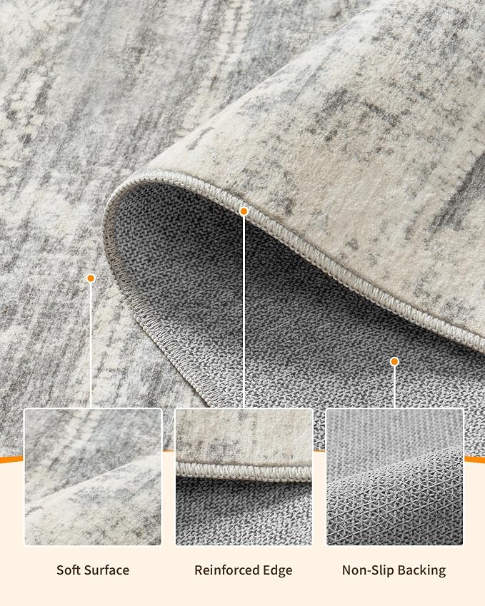 Miukiki 5x7 Washable Area Rug for Living Room, Soft Non Slip Rug Grey | Non-Slip Thin Throw Rug for Bedroom Kitchern Dining Room Office, Low Pile Indoor Floor Carpet with Vintage Pattern 5'x7'