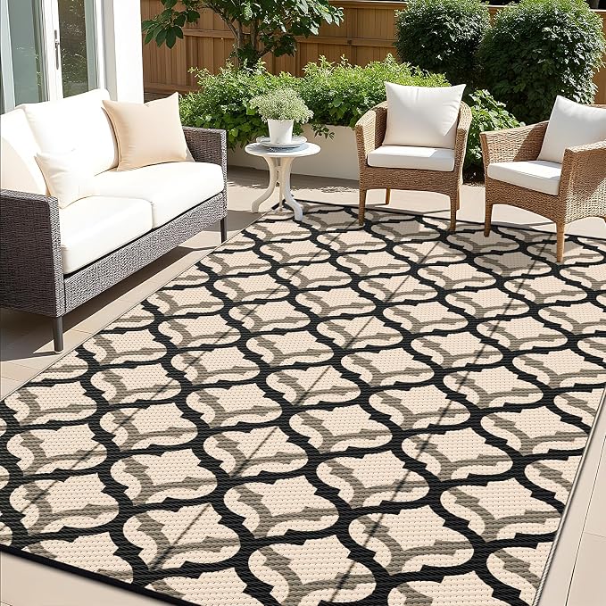 OLANLY Reversible Outdoor Rug 6x9 ft Clearance, Waterproof Outdoor Plastic Straw Rug with Interlacing Pattern, RV Mat for Patio, Camping, Balcony, Deck, Backyard, Black & Beige