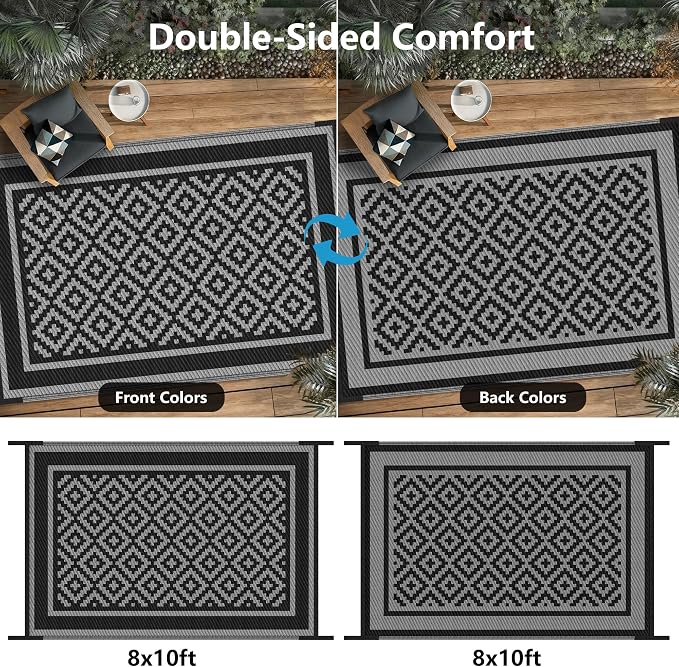 Kohree RV Outdoor Rug 8x10 Reversible, Waterproof Patio Mat with 4 Stakes & UV Fade Resistant, Non-Slip Outdoor Camping Mat for Deck, Picnic, Backyard, Includes Carry Bag (Black & Grey)