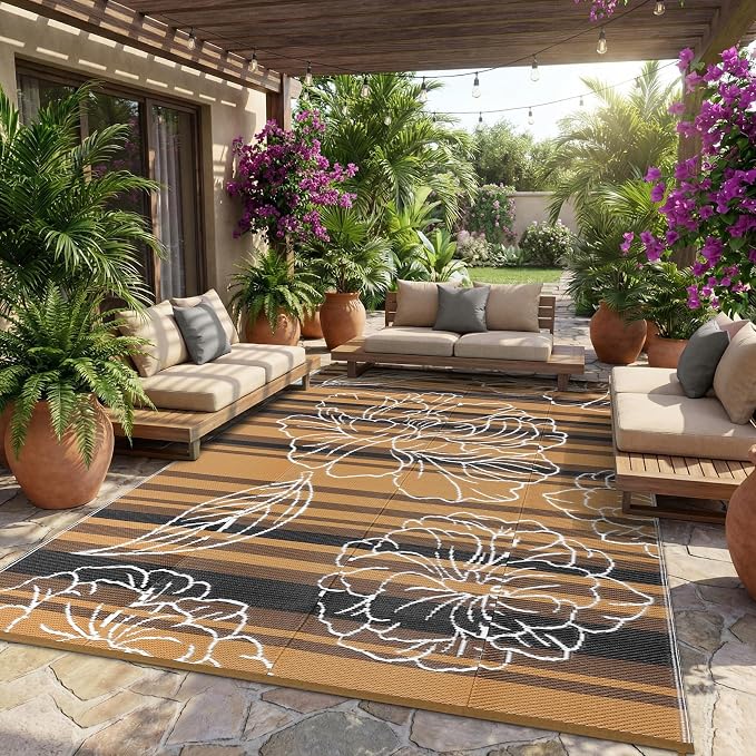 Garvee 8x10 Outdoor Waterproof Rug, Floral Outdoor Area Rug，Reversible Plastic Straw Patio Rug, Portable Camping Mat for RV, Picnic, Beach, Balcony, Garden & Camping Black&Brown