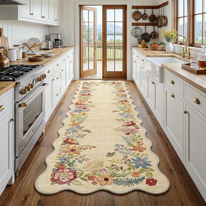 FMFUNCTEX 2x8 Hallway Runner Rug Washable Beige Floral Vintage Scalloped | Flower Colorful Traditional Boho Non Slip Low Pile Pattern Indoor Carpet Entryway Rugs Kitchen Bedroom Laundry Entry Bedside