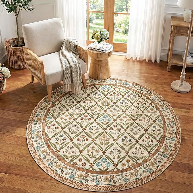 jinchan Round Rug 6ft Vintage Floral Washable Circle Area Rug, Terracotta | Soft & Lightweight, Checkered Floral, Low Pile, Non Slip, Bedroom, Dining Room, Living Room, Girls Room, Reading Nook