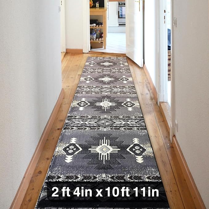 YHSF Southwest Native American Area Rug – Thick, Soft, Durable & Easy to Maintenance Tribal Design Boho Rug– Ideal for Bedroom, Living Room & Hallway - Grey, 2 Feet 4 Inches x 10 Feet 11 Inches
