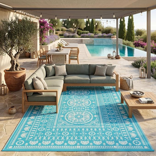 Garvee Reversible Outdoor Rug 6x9 for Patio, Waterproof Outdoor Area Rug, Modern Medallion Indoor Outdoor Rugs, Plastic Straw Rug for RV, Camping, Deck, Vintage Blue
