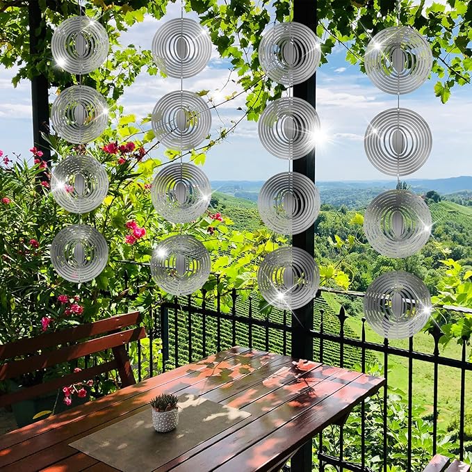Stainless Steel Bird Deterrents for Outside Patio, Reflective 3D Bird Scare Devices Wind Spinners Outdoor Decor, Woodpecker Deterrent Bird Reflectors to Keep Pigeon Crow Away House Yard Window, Round
