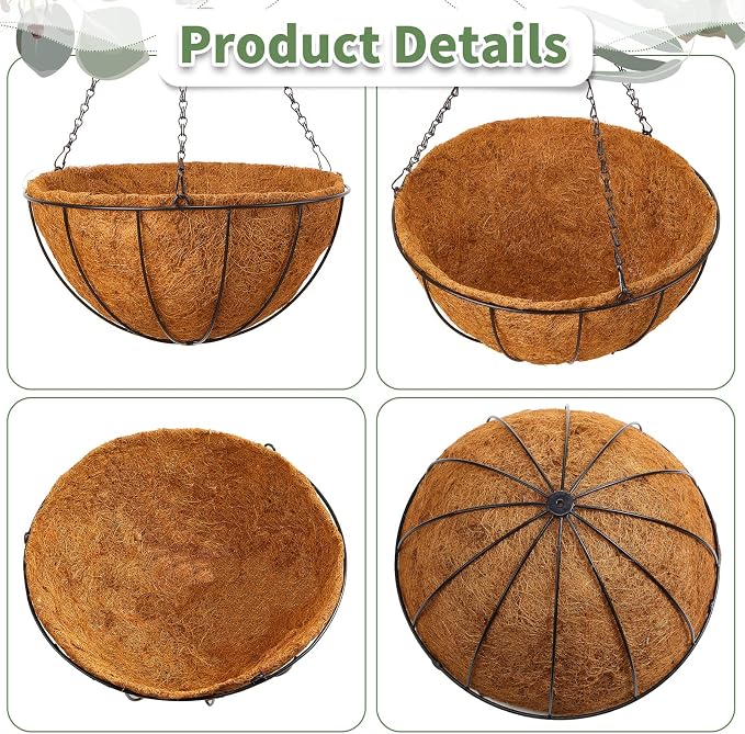Rtteri 8 Pcs 16 Inch Hanging Baskets for Plants Outdoor with Metal Wire Frame and Coconut Coir Liners, Round Wire Hanging Baskets with Chain for Patio Garden Porch Decoration