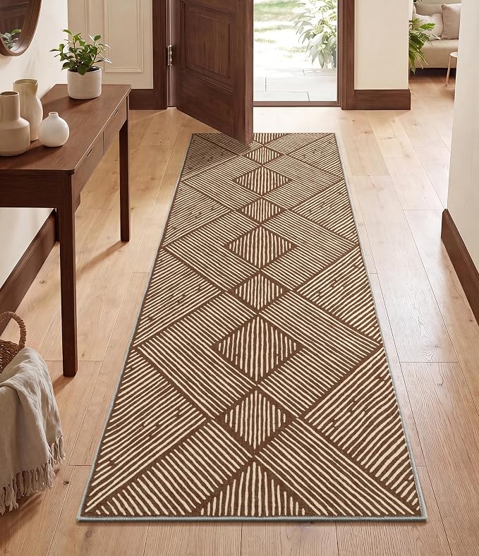 2‘x6' Washable Brown Stripe Runner Rug for Hallway | Non-Slip, Low Pile, Stain Resistant, Earth Tone Geometric Style for Kitchen Entryway Bedroom