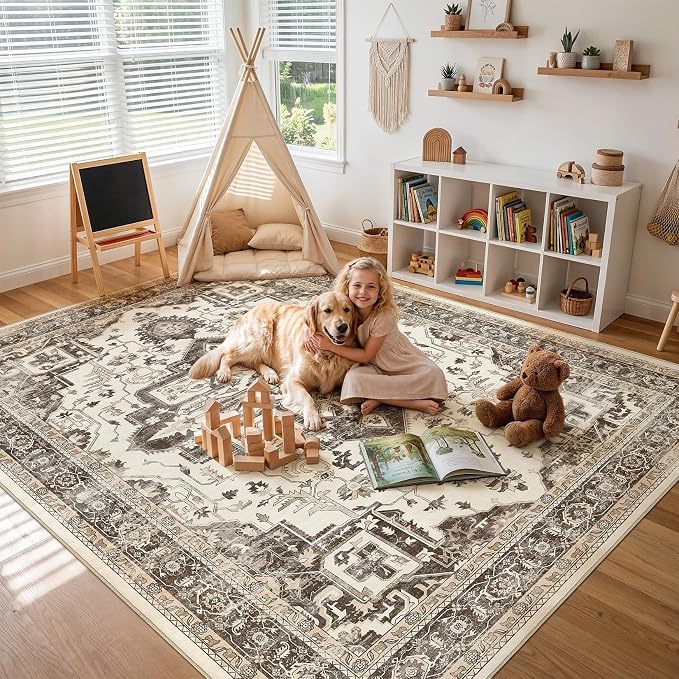Vintage Washable 10x14 Area Rug for Living Room, Dark Brown | Soft Low Pile Rug with Non-Slip Backing, Stain Resistant for Bedroom or Dining Room, Kid & Pet Friendly
