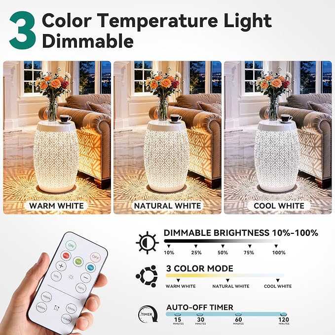 18" Cutout Metal LED Outdoor Side Table, Modern Drum Accent Table | Versatile Decorative Table with 3-Mode LED Lights,Use as Coffee Table, Garden Stool, Nightstand for Patio, Living Room