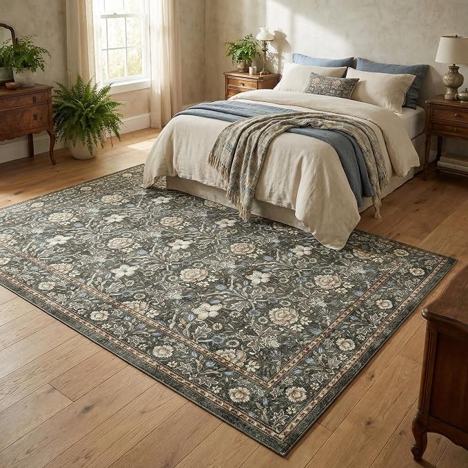 GarveeHome Washable Area Rug 5x7, Retro Floral Low Pile Non Slip Living Room Rug Soft Cottage Core Rug Farmhouse Indoor Carpet for Bedroom Dining Room Playroom