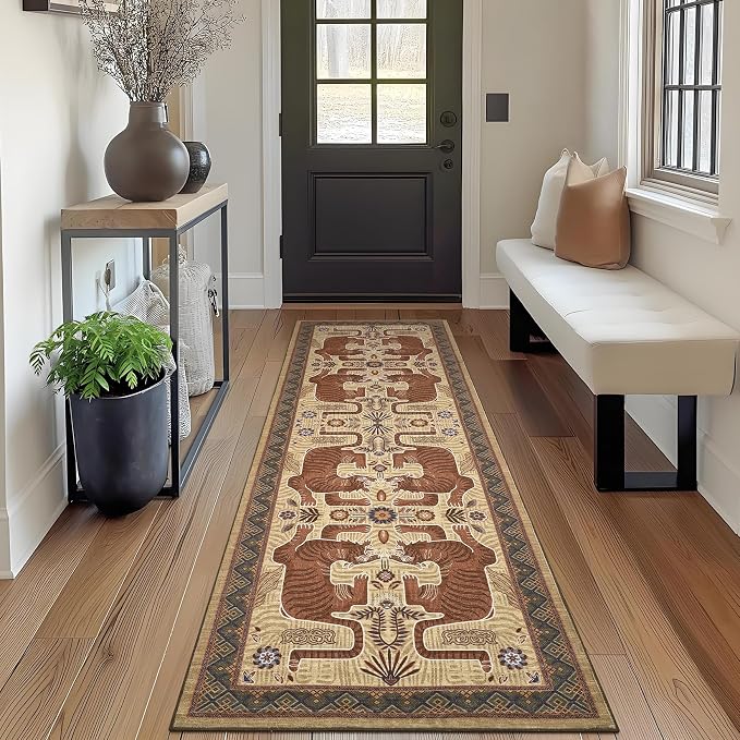 GarveeHome Tiger Print 2'x6' Washable Runner Rug Non Slip Boho Hallway Rug | Camel Kitchen Runner Ultra Thin Soft Vintage Tribal Indoor Throw Floor Carpet for Laundry Entryway Bedroom Bathroom