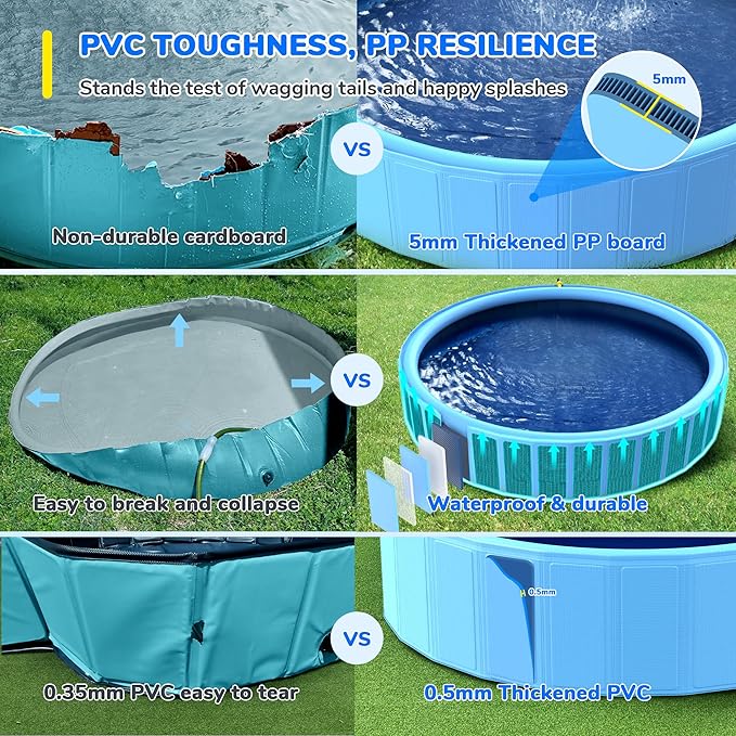 63'' Foldable Dog Pool, Sprinkler Pool for Kids, Non-Slip Heavy Duty Dogs Splash Pad for Small Dogs, Hard Plastic Kiddie Bathtubs for Backyard（2XL-162Gal）