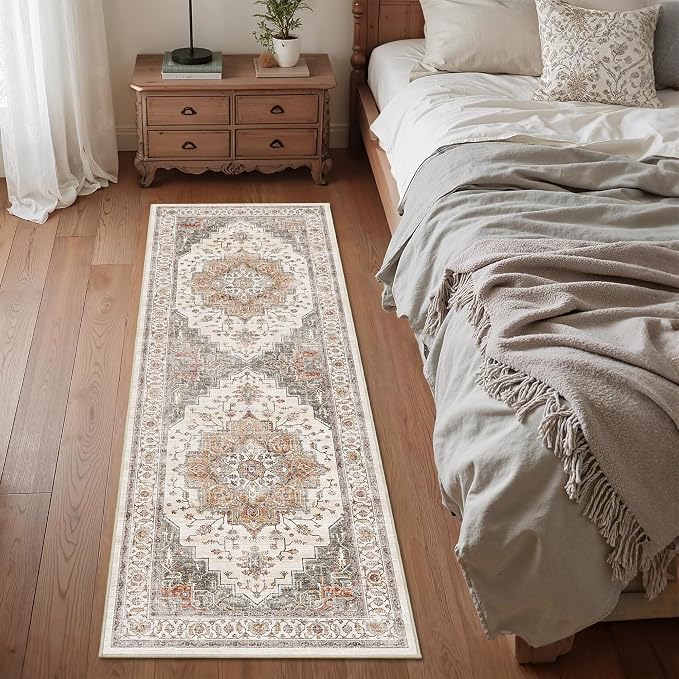 2x6 Vintage Runner Rug Low Pile Non-Slip Runners Washable Rug | Retro Print Rug, Non-Shedding, Soft Orange Gray Carpet, Stain Resistant Runner, for Hallway Kitchen Bedroom Laundry Room