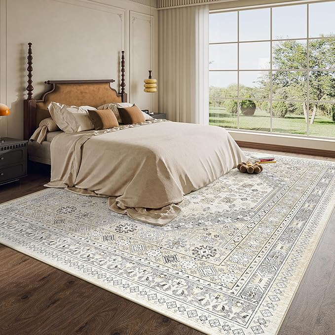 8x10 Area Rugs for Living Room,Large Washable Rug,Beige | Rugs for Bedroom,Dining Room,Office,Low Pile,Soft, Vintage Rug,Stain Resistant Indoor Carpet,Non Slip,Home Decor