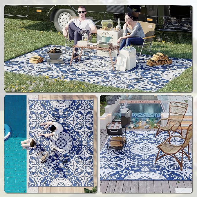 Outsunny Reversible Outdoor Rug Carpet, 9' x 12' Waterproof Plastic Straw Rug, Portable RV Camping Rugs with Carry Bag, Large Floor Mat for Backyard, Deck, Picnic, Beach, Blue & White Floral