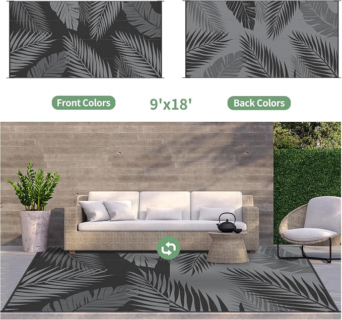 GENIMO Outdoor Rug 9' x 18' Waterproof for Patios Clearance, Reversible Outdoor Plastic Straw Camping Rug Carpet, Large Area Rugs Mats for RV, Camper, Deck, Balcony, Porch, Beach, Picnic, Black&Grey