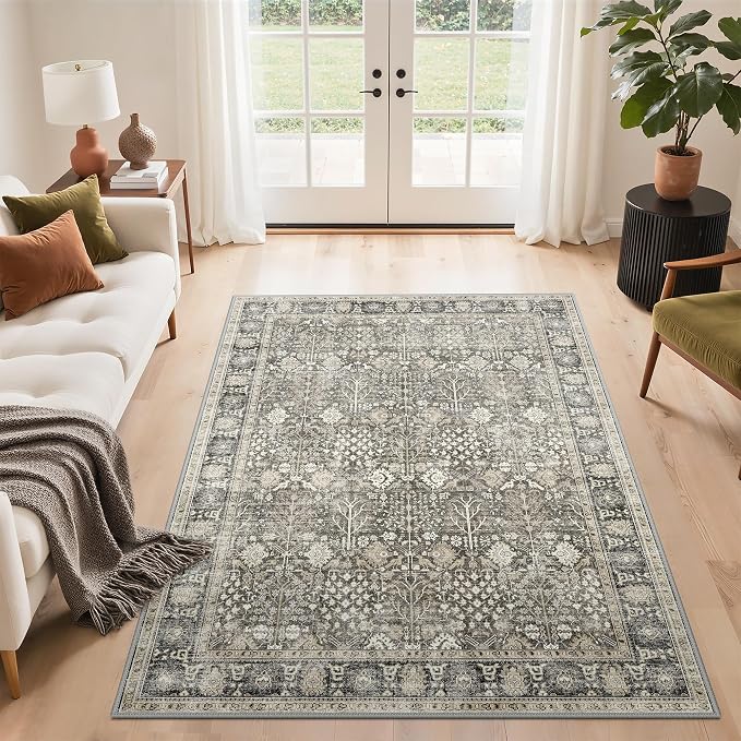 4x6 Area Rug for Living Room, Washable Low Pile, Beige Brown | Vintage Distressed Design, Spill Resistant Lightweight Non-Shedding Carpet for Bedroom, Dining Room, Office