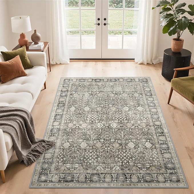 10x14 Area Rug for Living Room, Washable Low Pile, Beige Brown | Vintage Distressed Design, Spill Resistant Lightweight Non-Shedding Carpet for Bedroom, Dining Room, Office