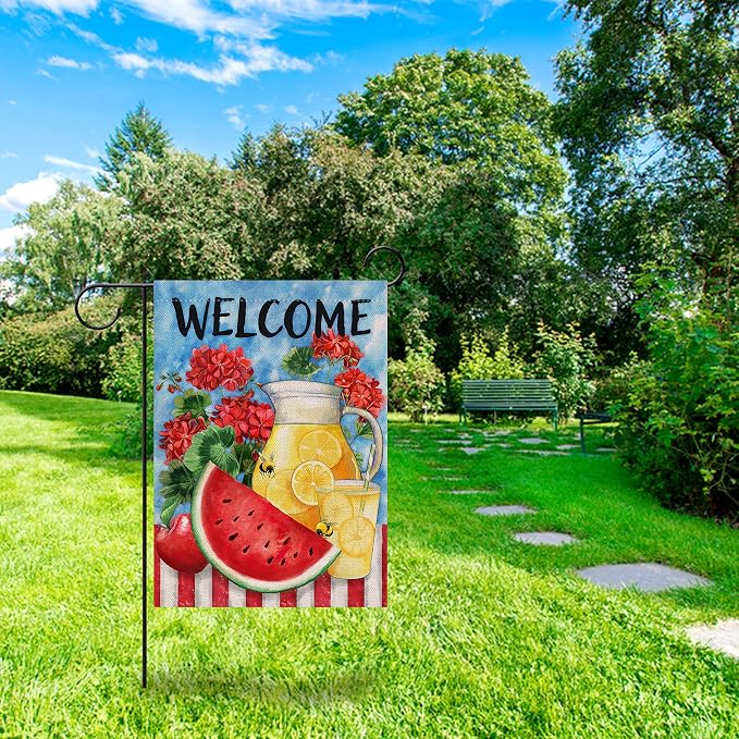 Furiaz Welcome Summer Watermelon Lemon Juice Small Decorative Garden Flag, Lemonade Geranium Flowers Yard Outside Decorations Burlap Outdoor Decor Double Sided 12 x 18