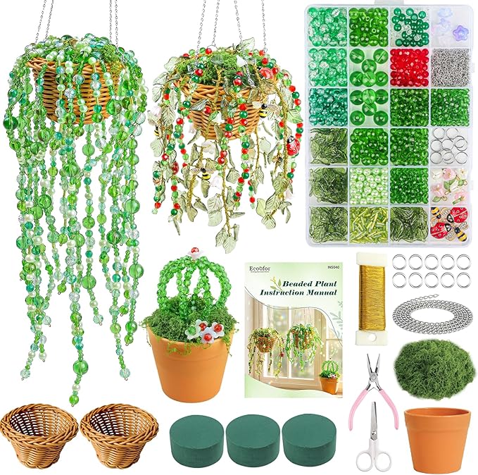 Ecoofor Green Beads Beaded Plant Kit, Makes 3 Plant Pots, Glass & Crystal Leaf Pieces, Video Tutorials Included, Handmade Gift for Plant Lovers, Beaded Plant Kit