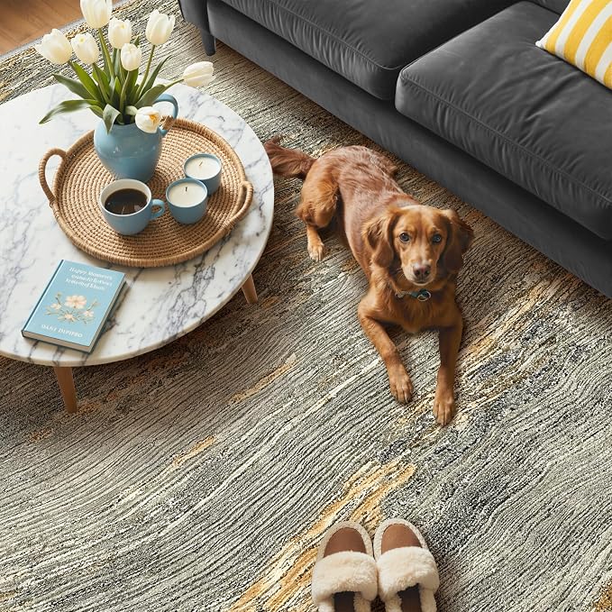 BEIMO 8x10 Washable Area Rug for Living Room, Wave Abstract Bronze Gray | Soft Machine Washable Modern Rug,Streaks Pattern Non Slip Indoor Carpet for Dining Room Playroom Bedroom Office