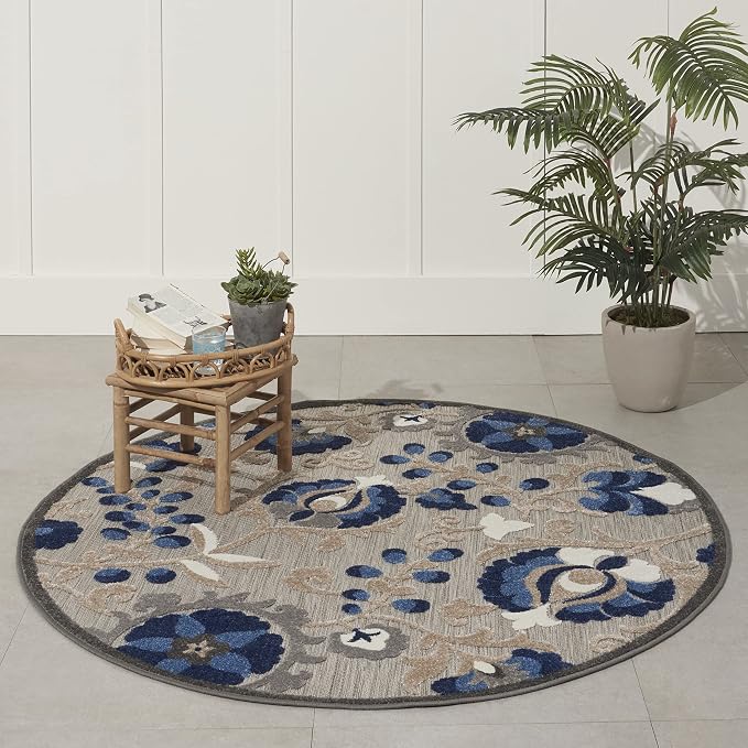 Nourison Home Aloha Natural Blue 4' x Round Area Rug - Easy Clean, Non Shedding, Bed Room, Living Room, Dining Room, Kitchen (4' x Round)