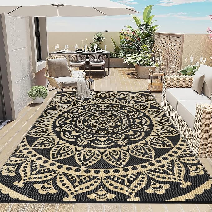 Bsmathom Waterproof Outdoor Rug 9x12ft Large Reversible Boho Plastic Straw Patio Deck Camping Rugs, Indoor Outdoor Portable RV Mat Carpet for Outside, Porch, Balcony, Backyard, Beach, Pool,Black