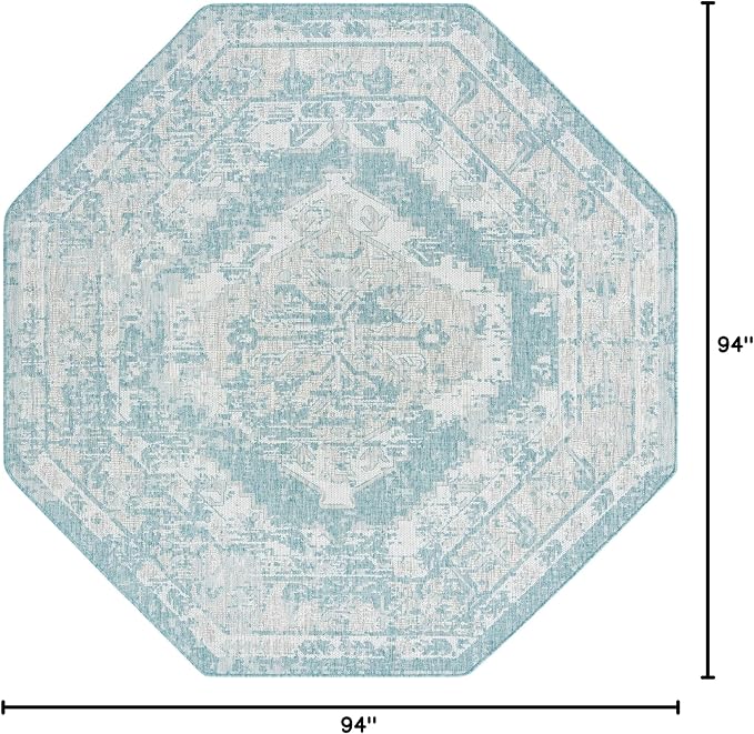 Unique Loom Outdoor Traditional Collection Area Rug - Valeria (7' 10" Octagon, Aqua/ Ivory)