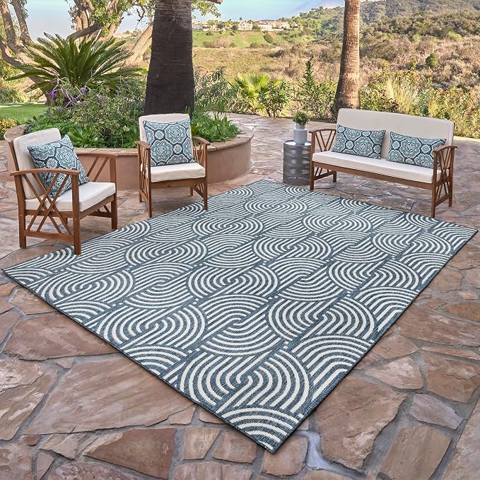 Gertmenian Indoor Outdoor Modern Area Rug - 6x9 Medium, Fade Resistant, Ideal for High Traffic in Living Room, Bedroom, Patio - Geometric, Dk. Blue, 25526