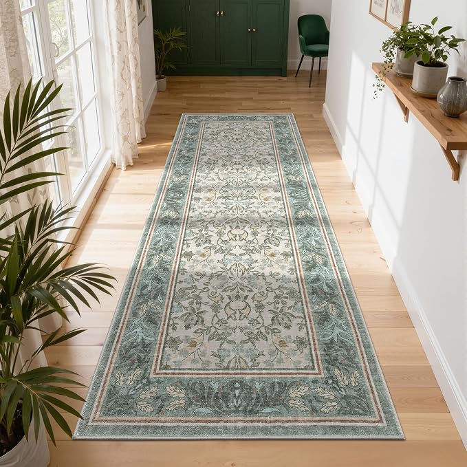 GarveeHome Washable 2x6 Hallway Runner Rug Non Slip Kitchen Rugs Sage Green | Boho Vintage Runner Rugs with Rubber Backing Soft Low-Pile Stain Resistant Indoor Long Carpet for Entryway Bedroom Laundry