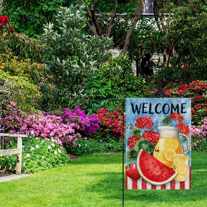 Furiaz Welcome Summer Watermelon Lemon Juice Small Decorative Garden Flag, Lemonade Geranium Flowers Yard Outside Decorations Burlap Outdoor Decor Double Sided 12 x 18